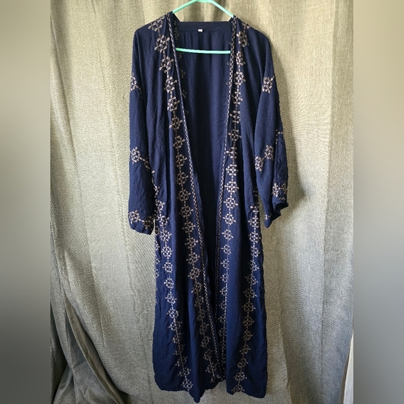 Unbranded Maxi Length Navy Blue Embroidered Long Sleeve Kimono Jacket Cardigan - Picture 1 of 4